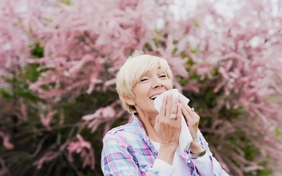 Vibrant blonde middle aged woman sneeze. Click to learn now to cope with springtime allergies.