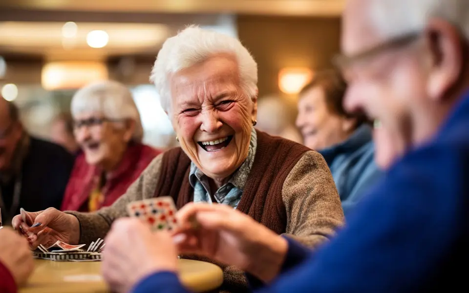 A group of elderly individuals engaging in a friendly game of cards
