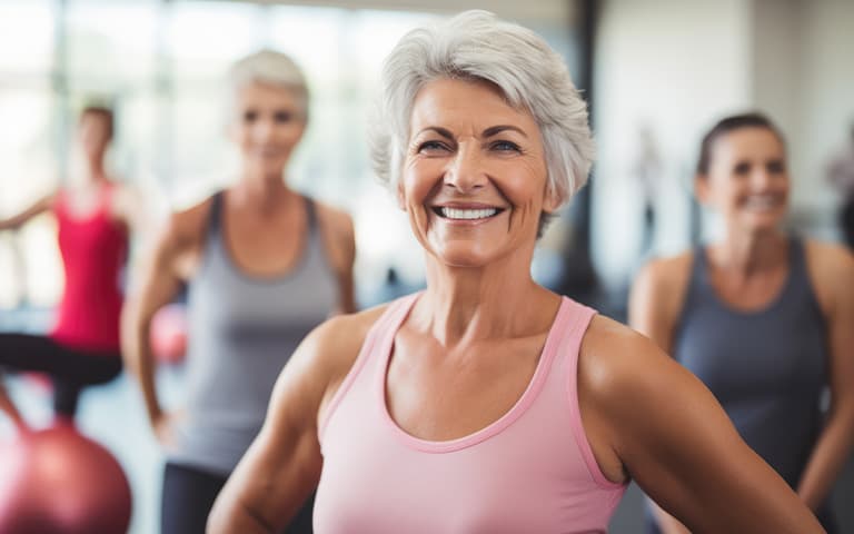 Happy Senior Woman Exercising With Group In Gym