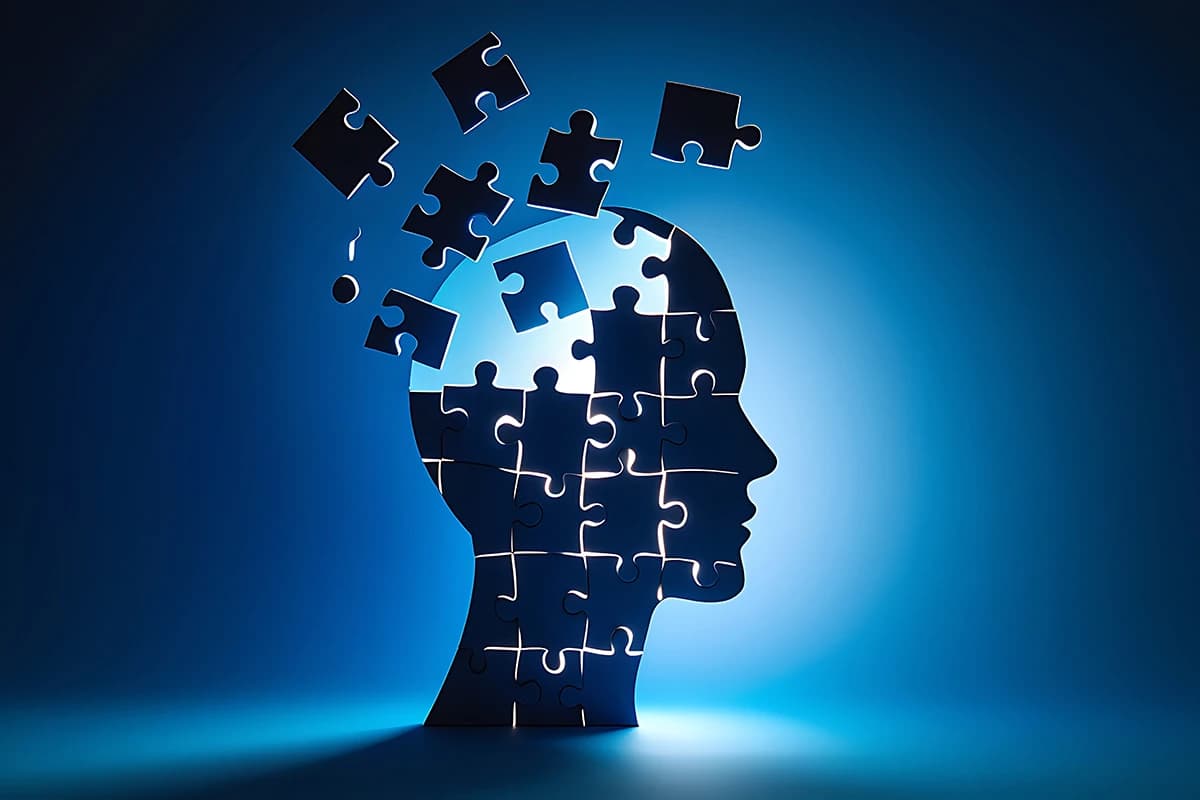 abstract graphic of a head make of puzzle pieces